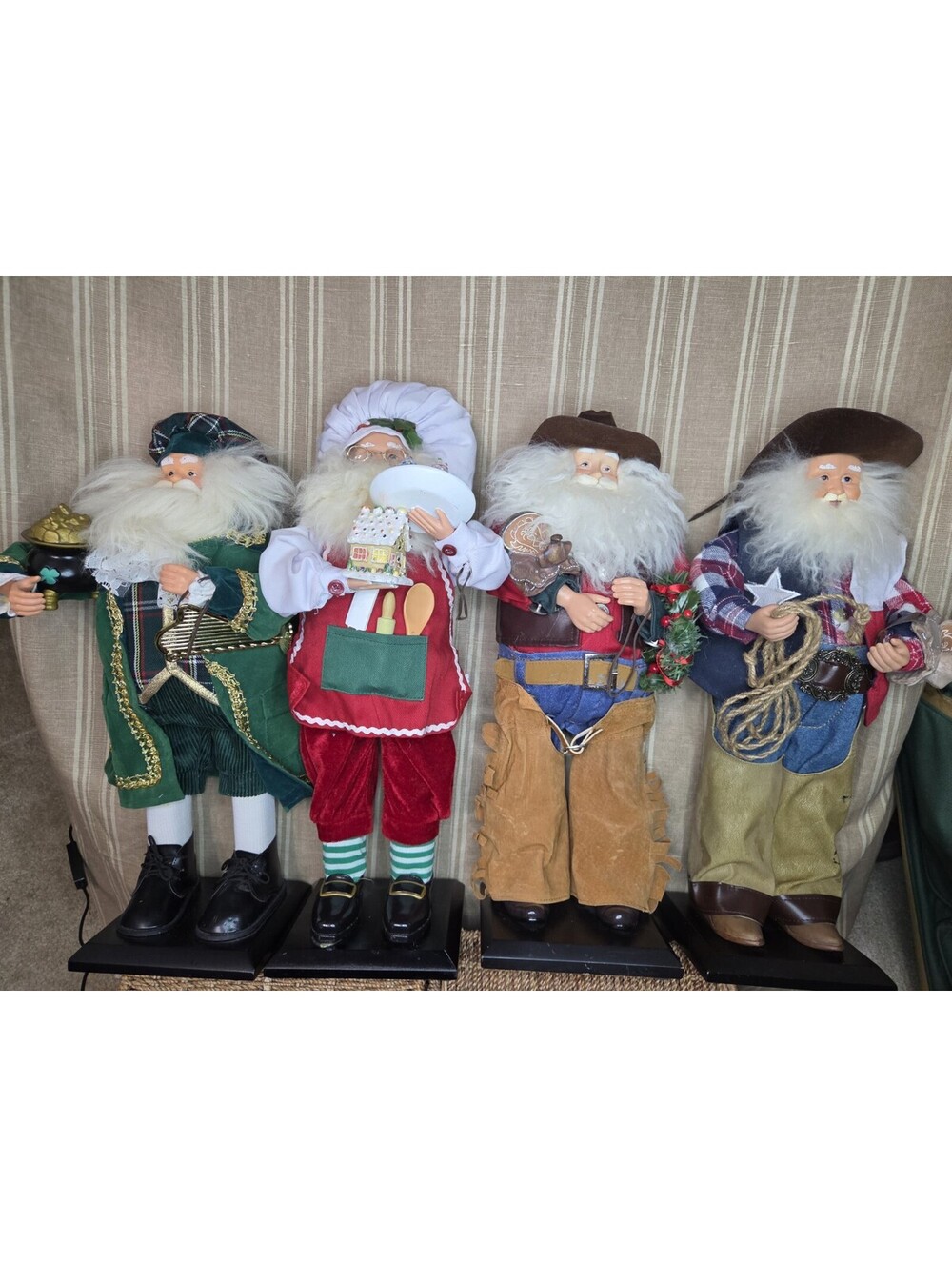 4 Santa Claus Figurines 18" - Cowboy, Baker, Irish Celtic Harp. Set